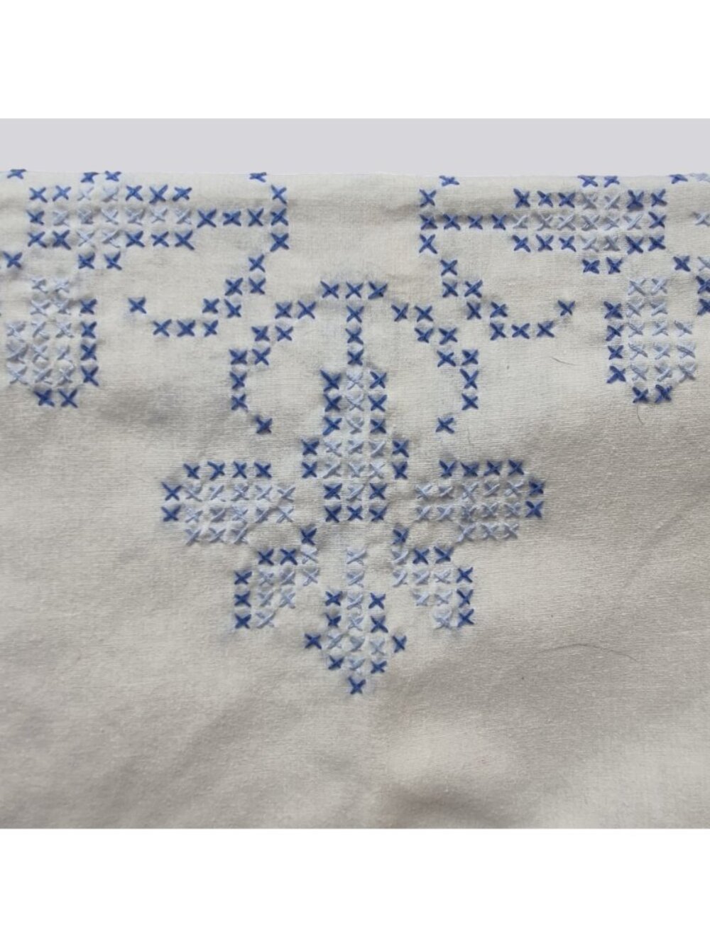 Vintage Hand Embroidered White Tablecloth Blue Cross-Stitch Heart Floral Cotton - Picture 6 of 14
